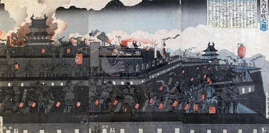 Sadahide Battle of Ouchi Castle (Osaka Castle assault), c.1851, 13.75 x 27.5in.